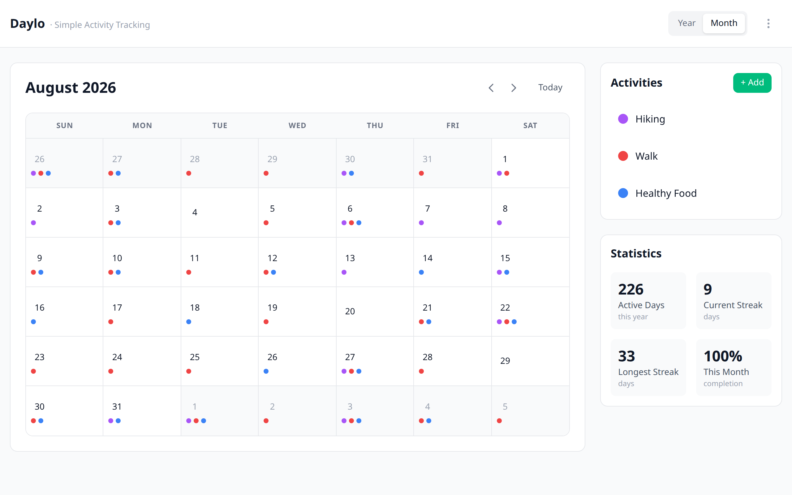 Daylo month view: a calendar with a checkbox per habit each day, and this month's progress